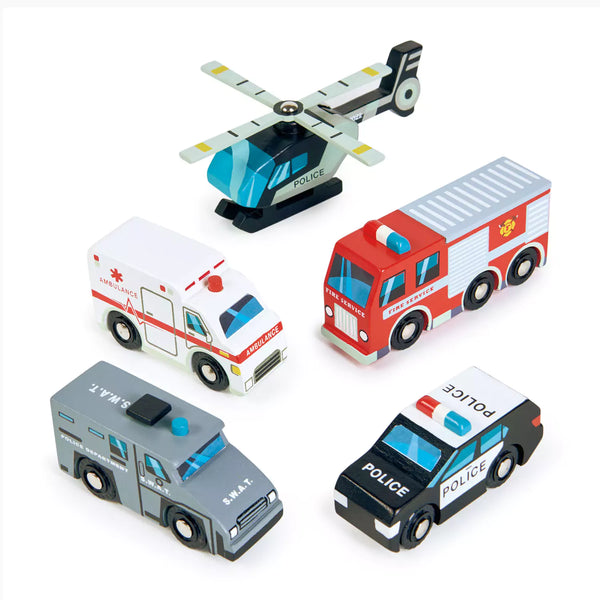 Wooden emergency vehicles toy set