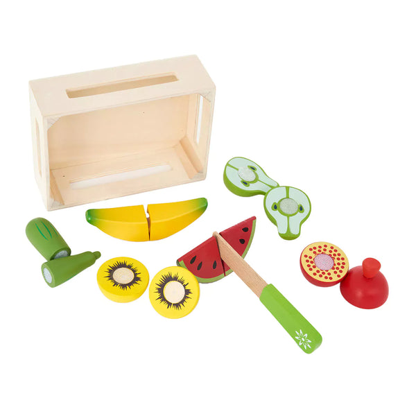 Image of a colorful wooden play food chopping set for children by Hooga.