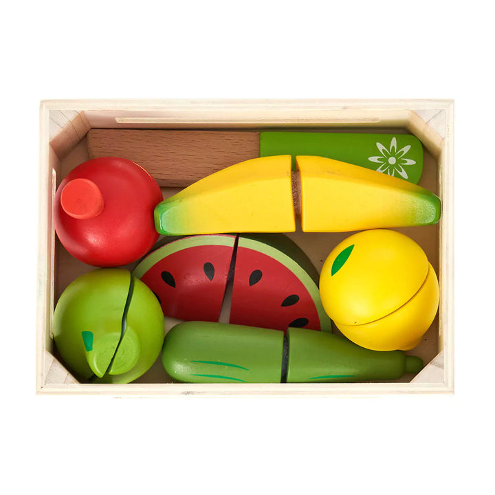 A wooden box filled with colorful wooden fruits and vegetables, including a red apple, a green pear, an orange carrot, and a purple eggplant. The box also has a lid with a handle.