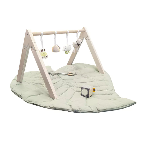 Wooden Baby Play Gym Toy Set with Leaf Playmat - Green