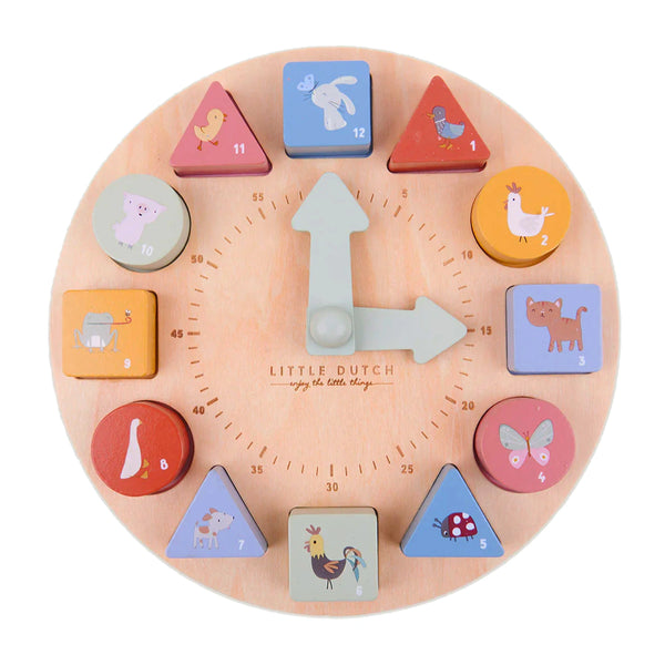 Dutch wooden puzzle clock with movable hands and colourful number pieces