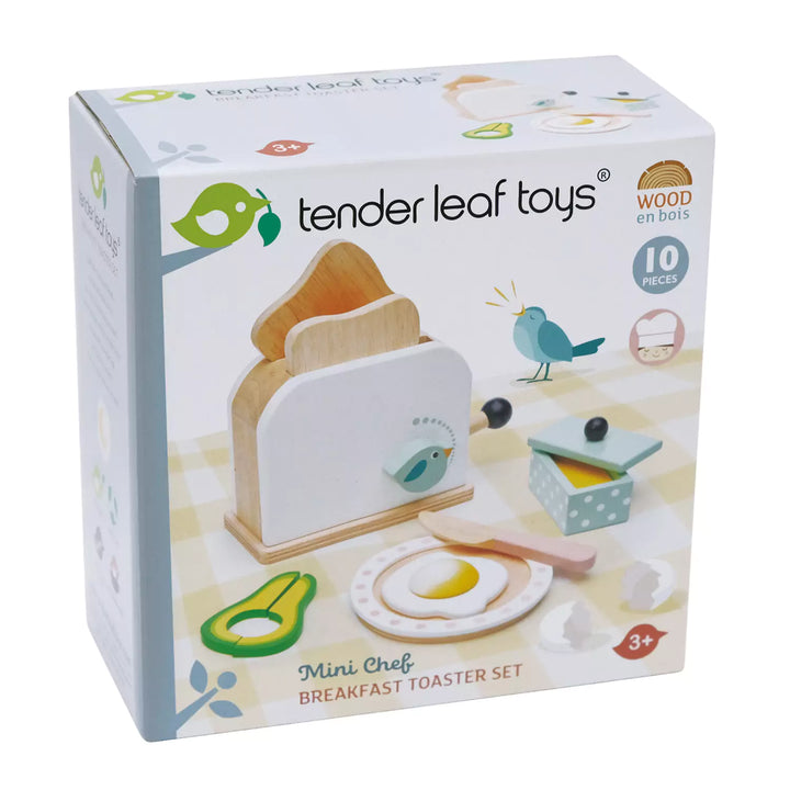 Wooden toaster breakfast set with poached egg and avocado packaging