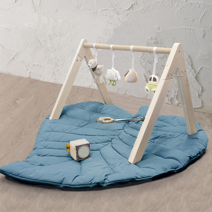 Wooden Play Gym with Toys and Leaf Playmat Set - Blue