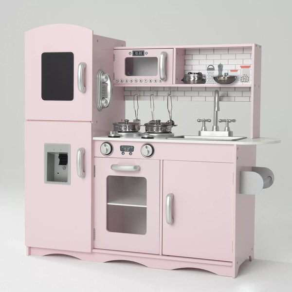 Deluxe Pink Wooden Play Kitchen (with 10 Utensils) - Pink Toy Kitchen