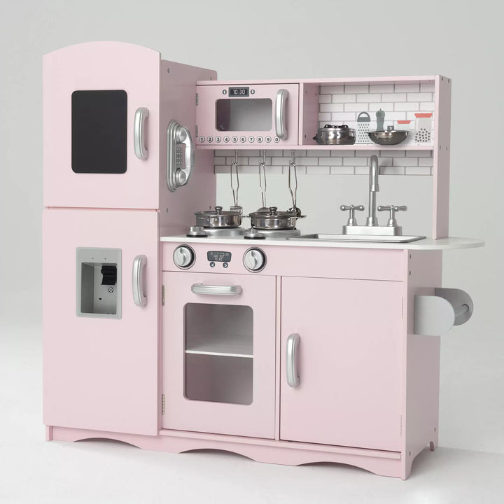 Deluxe Pink Wooden Play Kitchen (with 10 Utensils) - Pink Toy Kitchen