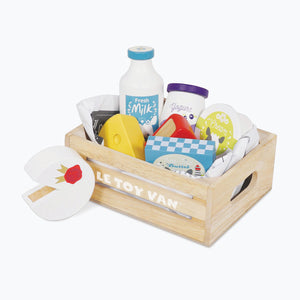 Three types of wooden cheese from Le Toy Van Cheese & Dairy Crate.