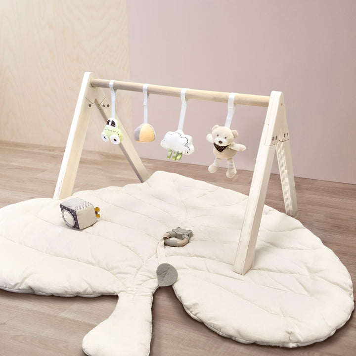 MiniDream Wooden Play Gym With Toys + Leaf Playmat Set - White