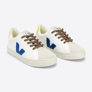 Veja Esplar Chromefree Leather Lace Trainer - White Indigo Jaune Fluo
