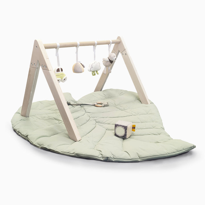 Wooden Play Gym with Toys and Leaf Playmat Set - Green
