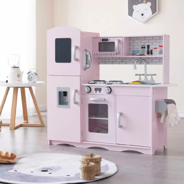 Toy Kitchen Raspberry Pink Wooden Play Kitchen | Includes 10 Utensils