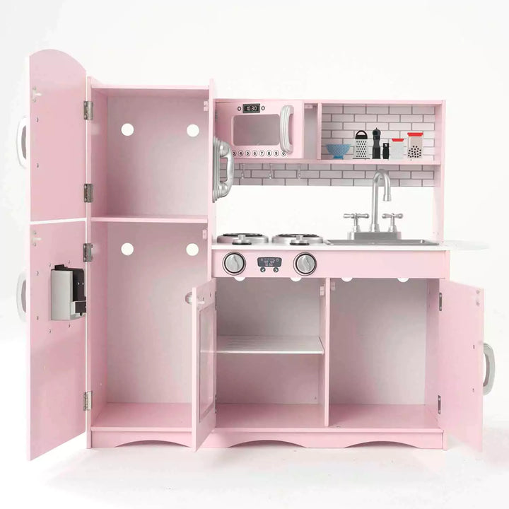 Doors open on Deluxe Pink Wooden Play Kitchen (with 10 Utensils) - Pink Toy Kitchen