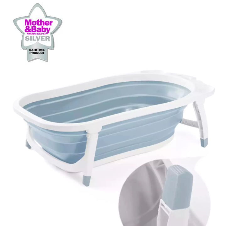 A composite image showing the Karibu foldable baby bath tub